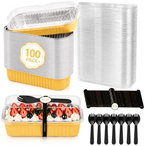 100 Pack Mini Cake Pans with Lids and Spoons, Disposable Aluminum Foil Cake Tins（6.8oz） Mini Loaf Pans with Lids for Party, Wedding, Birthday
