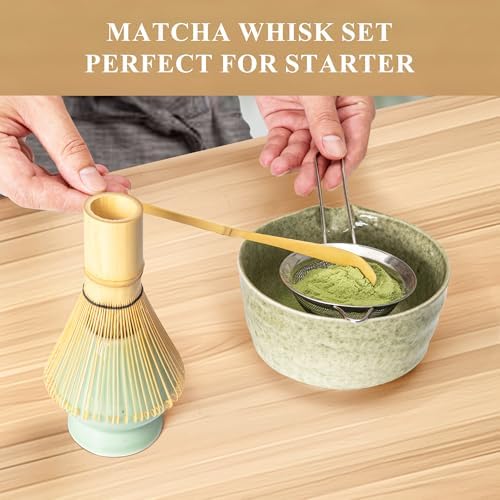 Matcha Whisk Set, Matcha Making Kit Whisk (Chasen Holder), Ceramic Whisk Holder (Light Green), Bamboo Scoop, Powder Starter Sifter, Spoon Japanese Tea Tools For Ceremony Gift