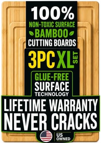 HEALTHIEST Glue-Free Surface Organic Bamboo Wood Cutting Board 3-Piece Set – Non Toxic Cutting Board Set – Lightweight, Heavy Duty Wooden Serving Boards for Charcuterie - Safer Family Meal Prep