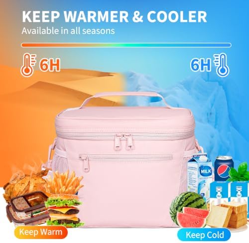 NOL Insulated Lunch Bag for Women Men Adults, Reusable Lunch Tote with Adjustable Shoulder Strap, Leakproof Thermal Food Cooler Bag with Front Pocket and Side Mesh Pockets for Work Travel, Pink