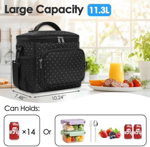 FlowFly Insulated Reusable Lunch Bag Adult Large Lunch Box for Women and Men with Adjustable Shoulder Strap,Front Zipper Pocket and Dual Large Mesh Side Pockets,Dot