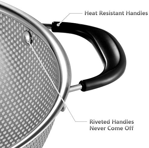 Tiawudi 18/8 Stainless Steel Colander, Easy Grip Micro-Perforated 5-Quart Colander, Strainer with Riveted and Heat Resistant Handles, BPA Free. Great for Pasta, Noodles, Vegetables and Fruits