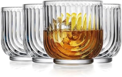 Glaver's Vintage Glassware Art Deco Glasse Ribbed Drinking Glasses U-Shape Arch Design Colored Cocktail Kitchen Tumblers Everyday Dinner Decorative Party (Clear S/4 11oz)