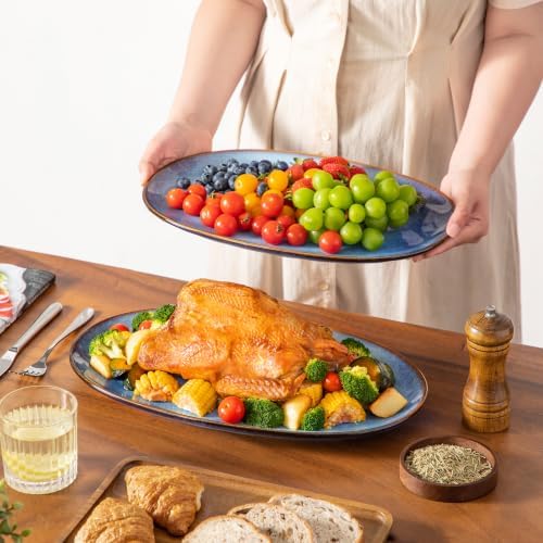vancasso Ceramic Serving Platters Set of 3, Oval 16/14.7/13.5 Inch Stoneware Serving Dishes for Entertaining, Microwave Safe Serving Trays for Food, Turkey, Cheese, Party, Reactive Glaze Blue