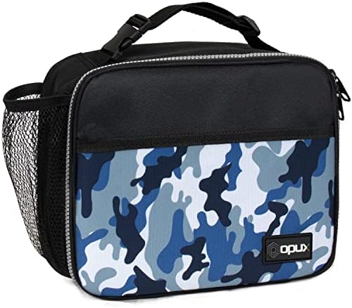 opux Insulated Lunch Bag for Kids, Reusable Lunch Box for School, Camo Blue