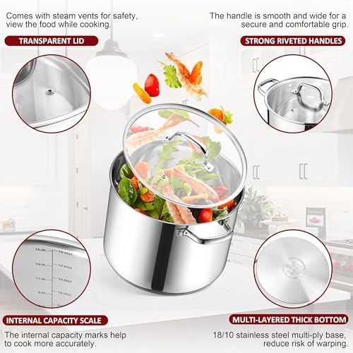 Herogo 16-Quart 18/10 Stainless Steel Stock Pot with Lid, Large Heavy Duty Soup Pot Compatible with Electric, Gas, Induction and Gas Cooktops, Non-Toxic & Corrosion Resistant, Dishwasher Safe
