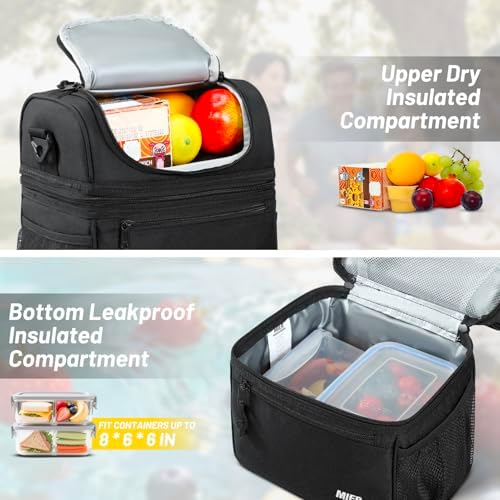MIER Insulated Lunch Box Bags for Men Women, Dual Compartment, Black