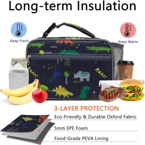 GYEUKHAM Insulated Lunch Box for School, Thermal Reusable Durable Freezable Lunch Bags for Kids Boys Girls Men Women - Small Soft Cooler Portable Lunch Tote Kit for Work Picnic Travel,Dinosaur