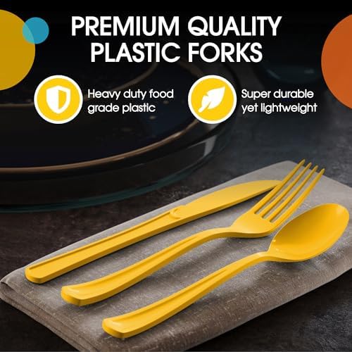 Party Solids Yellow Plastic Silverware 150 Pcs Yellow Cutlery Set