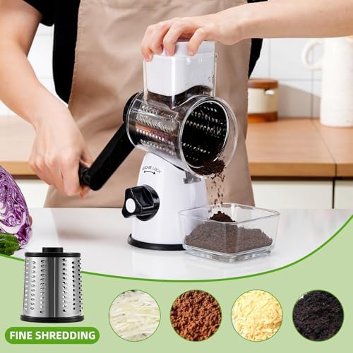 Rotary Cheese Grater with Handle, 3 Replaceable Blades (Milky White)
