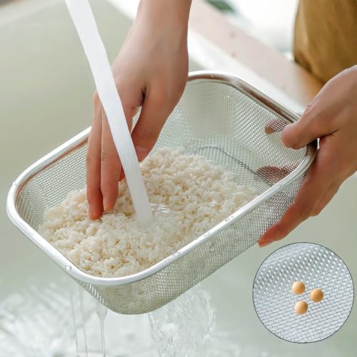 18/8 Stainless Steel Fine Mesh Strainer Basket with Feet, Rectangular Colander for Vegetables, Fruits, Pasta, Noodles – Rustproof, Durable & Easy to Clean (11.02 inch)
