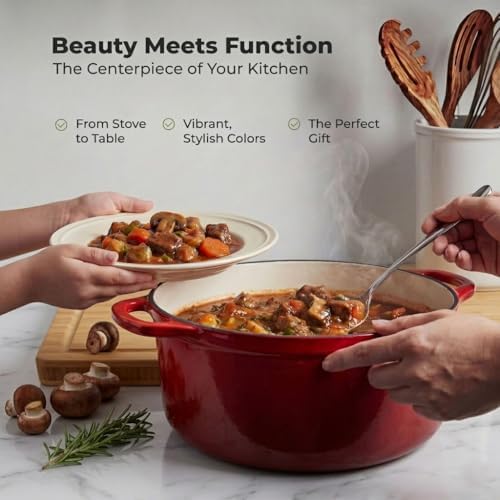 Zulay Kitchen 6.4QT Enameled Cast Iron Dutch Oven Pot with Lid, Heat Pad & Trivet, Heavy-Duty Soup Pot for Stews, Braising, Roasting & Sourdough Bread Baking, Oven Safe up to 500°F - Ablaze Red