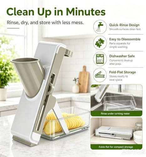 Safe Mandoline Slicer for Kitchen, Vegetable Slicer with Container, French Fry Cutter, All in 1 Julienne Slicer for Potato, Thickness Adjustable, Detachable Blade (White Light Gray)