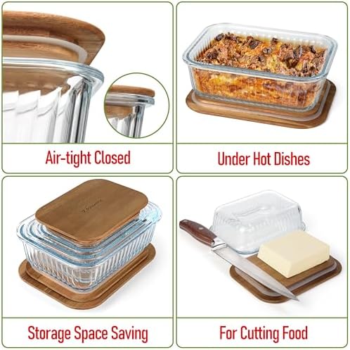 Ribbed Glass 4 Stackable Meal Prep Containers with Acacia Lids
