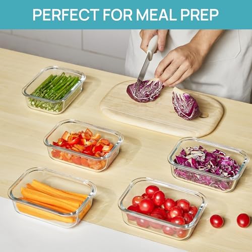 Vtopmart 5Pack 22oz Glass Storage Containers with Lids, Glass Meal Prep Food Container Sets with Snap Airtight Lids for Microwave, Oven, Freezer and Dishwasher, Grey (Pack of 2)
