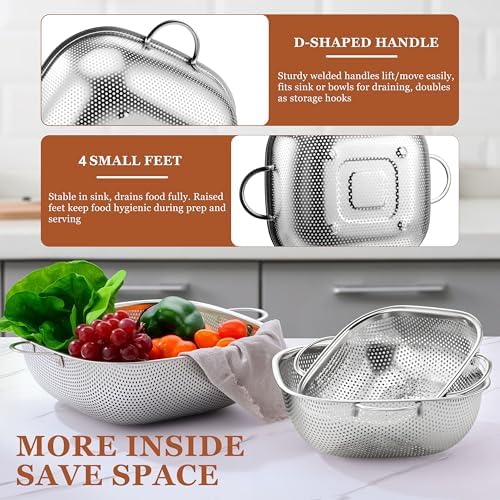 E-far 4QT Square Stainless Steel Colander, Metal Strainer with Handle