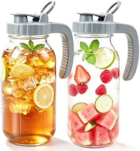 Glass Pitcher With Pour Spout Lid 64 OZ Mason Jar Pitcher Wide Mouth 2 Pack