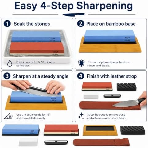 Knife Sharpening Stone Set, 400/1000 3000/8000 Grit Whetstone Kit for Knife