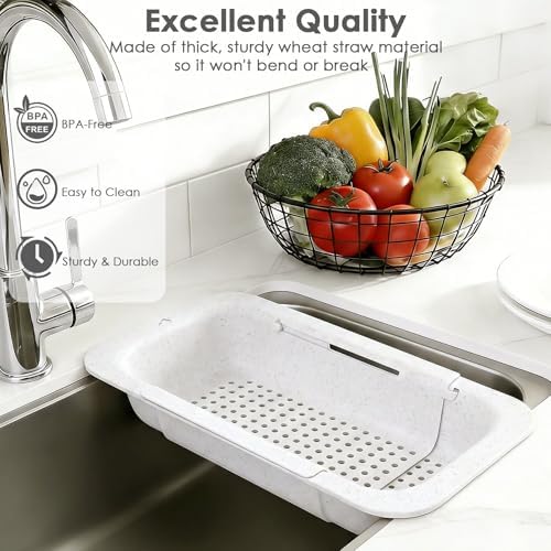 Over the Sink Colander Strainer Basket, Extendable Colander and Strainer for Kitchen, Wash Vegetables and Fruits, Drain Pasta and Dry Dishes, Adjustable Colander from 13.5In to 18.7In, White