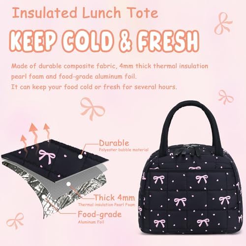 BTOOP Lunch Box for Women Men Cute Corduroy Lunch Bags Large Capacity Insulated Lunch Tote Bag For Work Travel Or Picnic (Pink Bow)