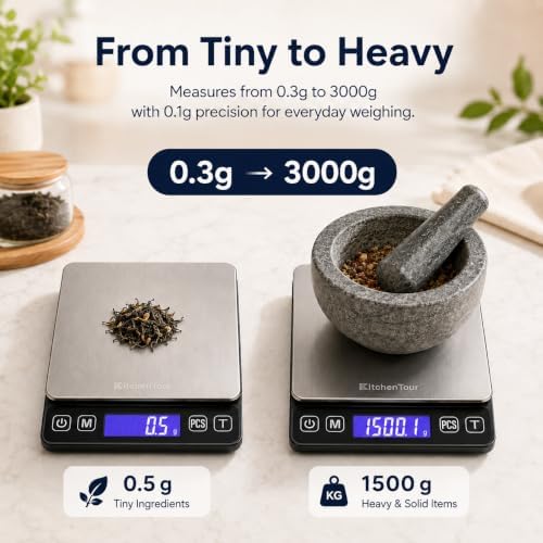 KitchenTour Digital Kitchen Gram Scale - 3000g/0.1g - High Accuracy Precision Food Scale with 9 Units(g/oz/ml/lb/lb:oz/gn/ozt/DWT/ct) - Meat Scale with Back-Lit LCD Display(Batteries Included)