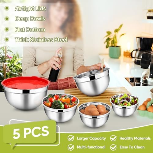TeamFar Mixing Bowls Set of 5, Stainless Steel Metal Salad Bowls with Lids