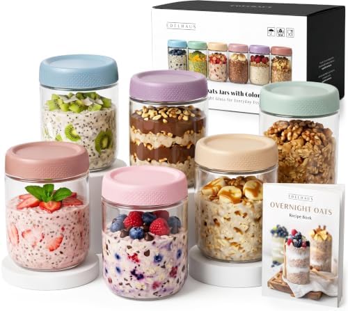 EDELHAUS Overnight Oats Containers with Lids - Glass Mason Jars, Meal Prep
