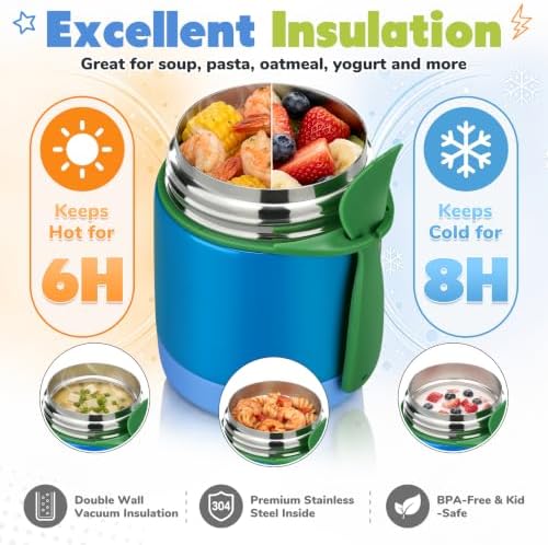 10oz Soup Thermo for Hot Food Kids,Lunch Thermo Kids Food Jar with Spoon Hot Insulated Food Containers,Leak Proof Stainless Steel Wide Mouth Lunch Food Jar for School(Blue)