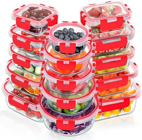 VERONES 30 Pieces Glass Food Storage Containers Set with Lids, Red