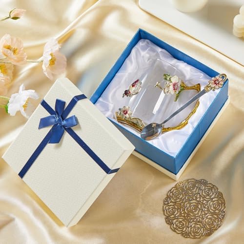 Flower Tea Cup,Clear Glass Fancy Coffee Mug with Spoon,Gift Box for Her Mom Wife Grandma Girls Friends Valentines Christmas Birthday Present Idea for Juice Milk Hot And Cold Drinks Use