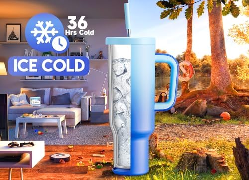 Meoky 50 oz Tumbler with Handle, Tumbler with Lid and Straw, Insulated Stainless Steel Travel Mug, 100% Leak-proof, Keeps Cold for 36 Hours or Hot for 12 Hours (Sky)