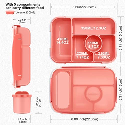 Amathley Bento Box Adult Lunch Box Kids,Lunch Containers for Adults/Kids/Toddler,5 Compartments Bento Lunch Box with Sauce Vontainers,Microwave & Dishwasher & Freezer Safe,BPA-Free (Pink)