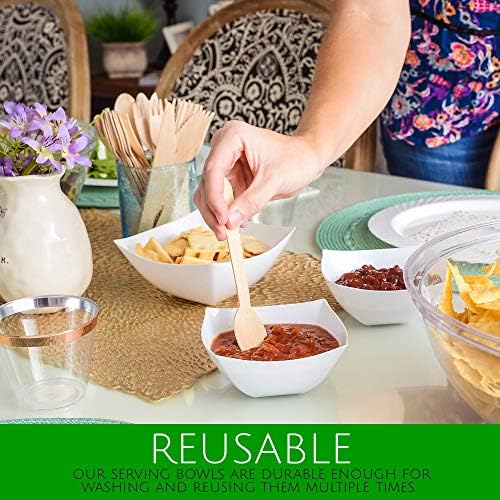 PLASTICPRO Disposable Square Serving Bowls, Party Snack or Salad Bowl, Plastic Clear or White Pack of 8 (8 OUNCE, White)
