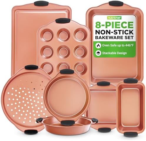 NutriChef 8 Piece Baking Pans Set - Nonstick Carbon Steel Bakeware Set w/ Silicone Heat-Safe Handles - Includes Loaf Pan, Muffin Pan, Cookie Sheets, Pizza Crisper, Roasting Pans - Rose Gold