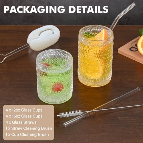 ZMOWIPDL 12oz & 15oz Hobnail Drinking Glasses,Clear Glass Cups Set of 8