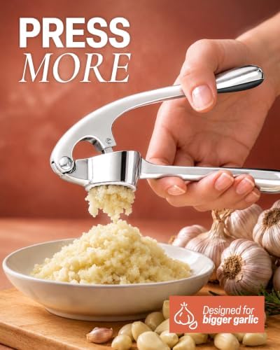 Zulay Kitchen Large Premium Garlic Press Set - Bigger Bowl for Bigger Garlic - Rust Proof Garlic Mincer Tool - Easy-Squeeze, Easy-Clean Silicone Garlic Peeler & Brush (Chrome)