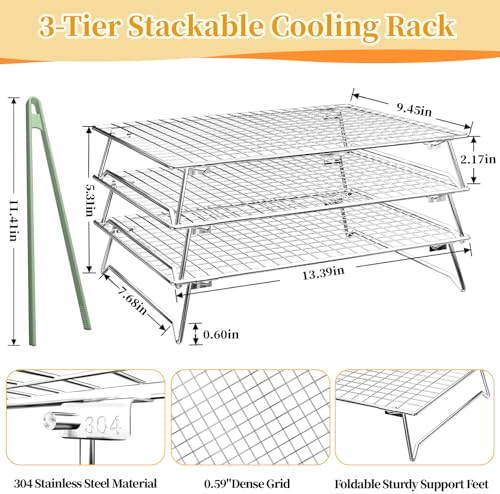 3-Tier Cooling Racks for Baking, 304 Stainless Steel, 13"x9"x2.17"