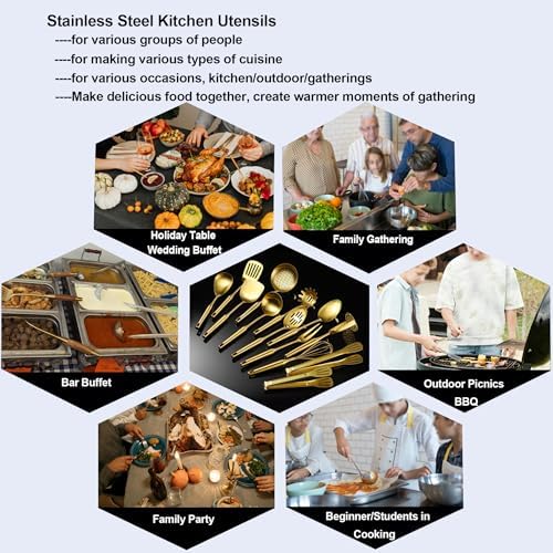 Gold Kitchen Cooking Utensils Set 13 PCS Stainless Steel 12-13.7"