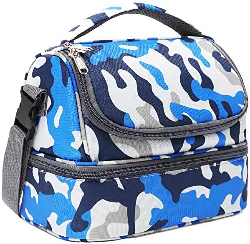 FlowFly Kids Double Decker Cooler Insulated Lunch Bag Large Tote for Boys, Girls, Men, Women, With Adjustable Strap, Blue Camo