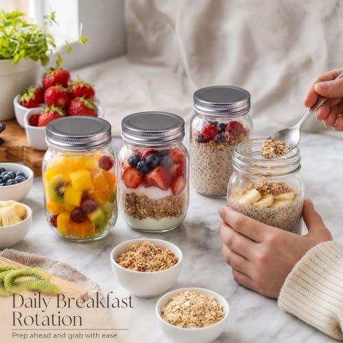 YINGERHUAN Glass Regular Mouth Mason Jars, 16 oz Clear Glass Jars with Silver Metal Lids for Sealing, Canning Jars for Food Storage, Overnight Oats, Dry Food, Snacks, Candies, DIY Projects (4PACK)