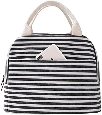 EurCross Canvas Lunch Tote Bag for Women for Work with Black and White Stripes, Reusable Insulated Meal Prep Preppy Lunch Box Bag for Daily Use, Cute Lunch Cooler Bento Boxes Bags