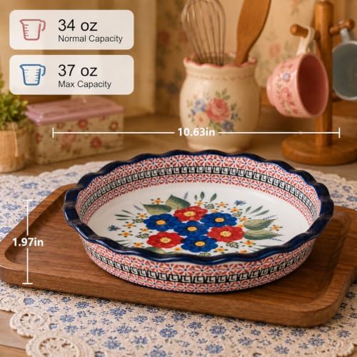 Ceramic Pie Pan for Baking, 10.6 inch Hand-Painted Pie Plate for Cooking, 37 oz Deep Dish Pie Pans, Non-Stick Pie Dishes for Apple Pie, Tart, Pizza, Quiche, Oven & Dishwasher Safe, Lead-Free, White