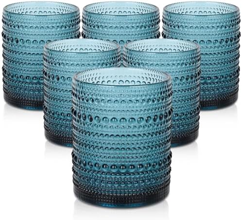 ZMOWIPDL Drinking Glasses Set of 6,12oz Blue Hobnail Glass Cups