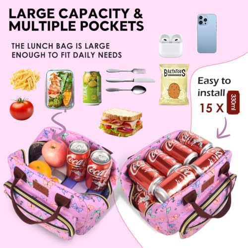 Insulated Lunch box for Women,Leakproof Quilted Thermal Lunch Bag, 14L Large Capacity Lunch Tote Bag Lightweight LunchBox Cooler for Work, School, Picnic or Travel with 2 Front Pocket-Butterfly