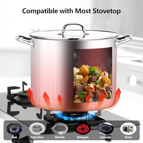 Homikit 20 Quart Soup Pot with Lid, Large Stainless Steel Stock Pot with Double Handles, Heavy Duty Cookware Induction Stockpot for Canning Steaming Simmering, Compatible All Cooktops, Dishwasher Safe