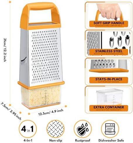 Cheese Grater With Container Box Grater Stainless Steel Kitchen Orange