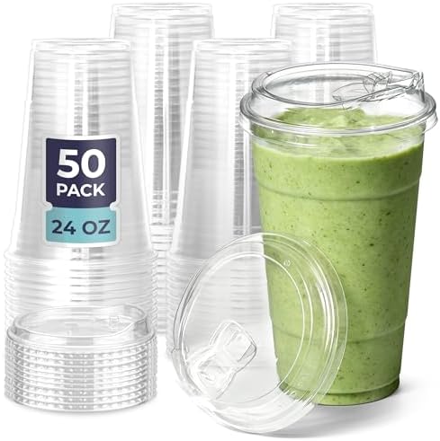 Fit Meal Prep 50 Pack 24 oz Clear Plastic Cups with Strawless Sip Lids, Disposable Plastic Coffee Cups with Lids, To Go Cups for Iced Coffee, Smoothies, Soda, Party Drinks, Bubble Tea, Cold Beverage