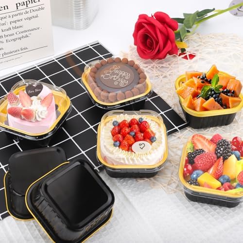 30Pack 5oz Mini Cake Pans with Lids and Spoons Baking Cups Aluminum Foil Pans Tins, Individual Dessert Cups Containers for Sales,Party,Picnics (Black&Gold)