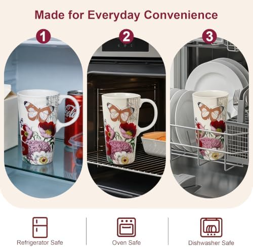 Topadorn 17oz Ceramic Travel Mug with Lid, Vintage Butterfly Floral Mug