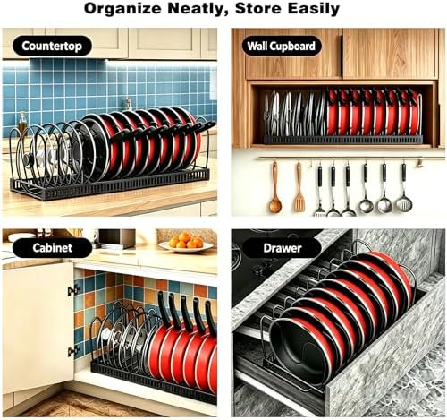 Expandable Pot and Pan Organizer for Cabinet, 14 Adjustable Dividers, Versatile Pan Holder Storage Rack, Extends from 12'' to 23'', Fits Cabinets, Countertops, or under Sink, Black, Iron
